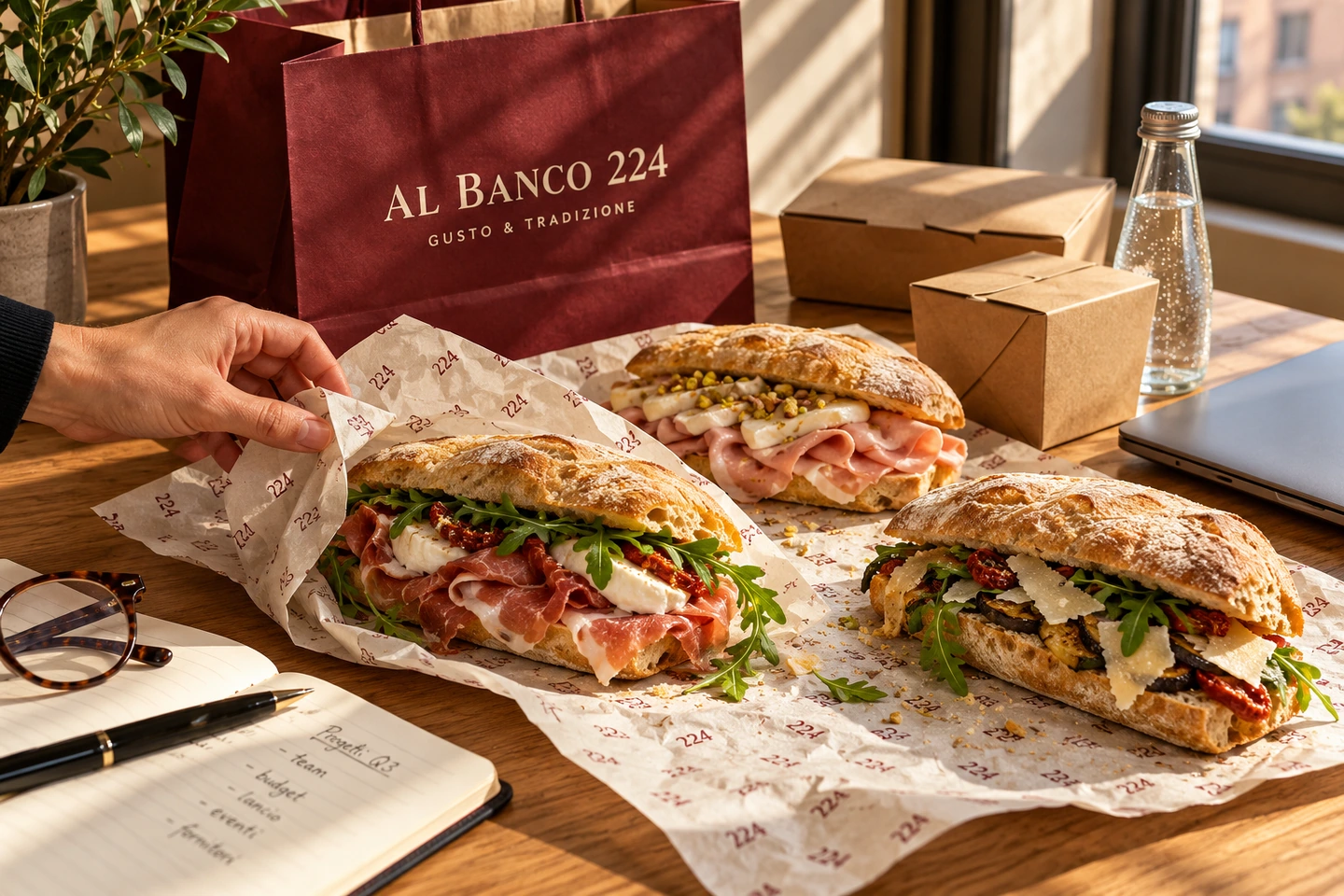 Panini del Banco 224 appena consegnati sulla scrivania, con confezioni dedicate per la pausa pranzo in ufficio